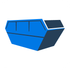 Blue dumpster, open on one end, used for waste disposal.