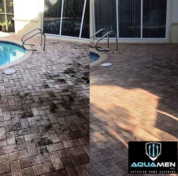 before and after pressure washing pool deck