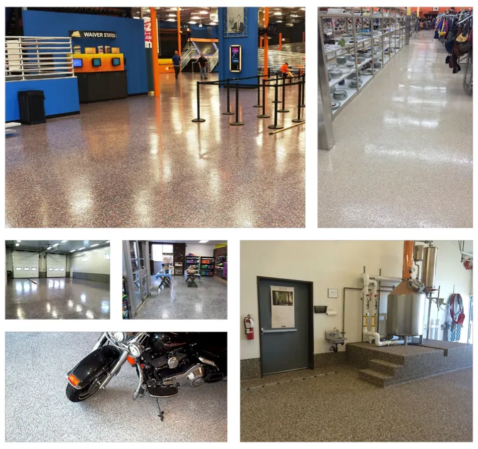 Collage of spaces with speckled epoxy floors: retail store, factory, garage, exhibit, and more.