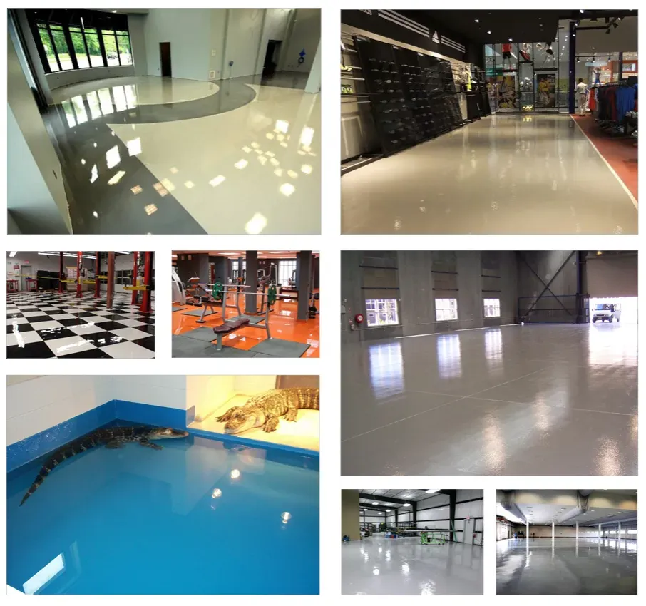 Collage of spaces with epoxy flooring in various colors: white, gray, blue, orange, and checkerboard.