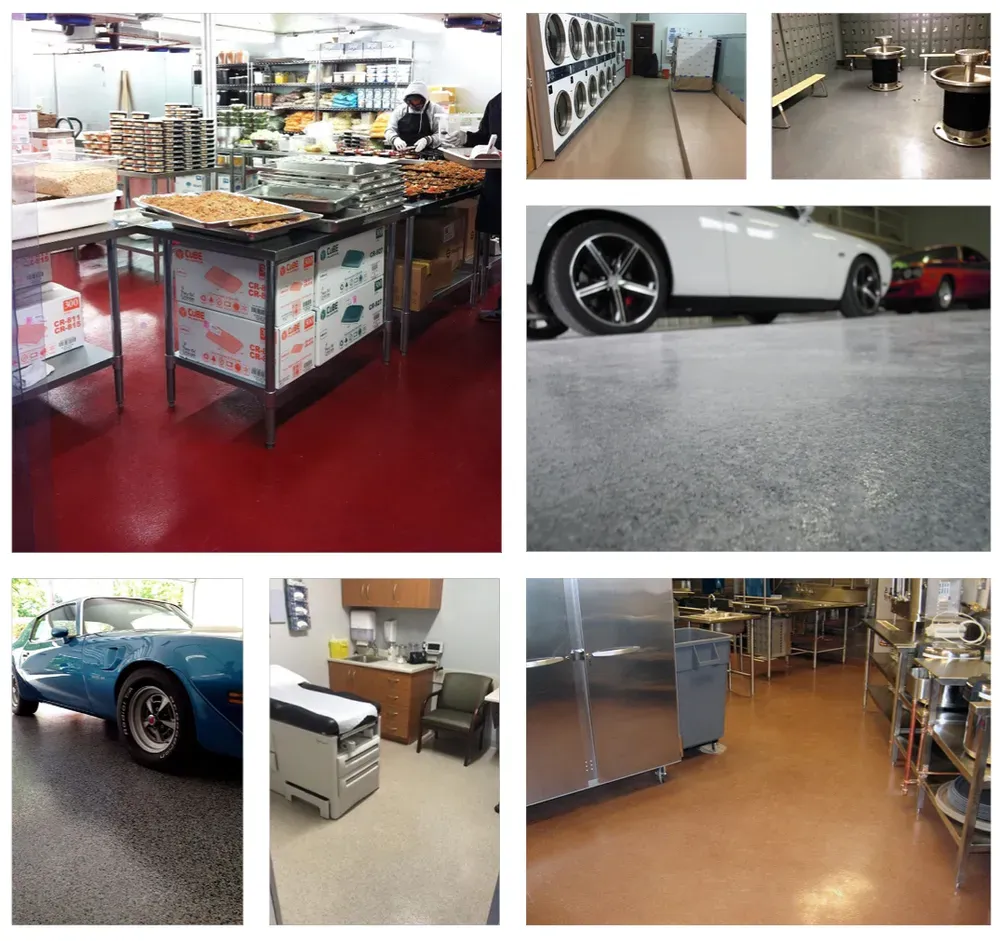 Several photos showing various settings with epoxy flooring: commercial kitchen, garage, utility room.