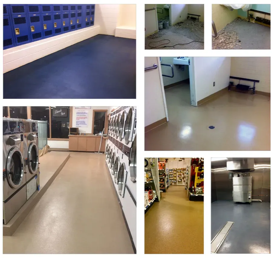 Collage: Various flooring types in commercial settings, including lockers, laundry, and hardware stores.