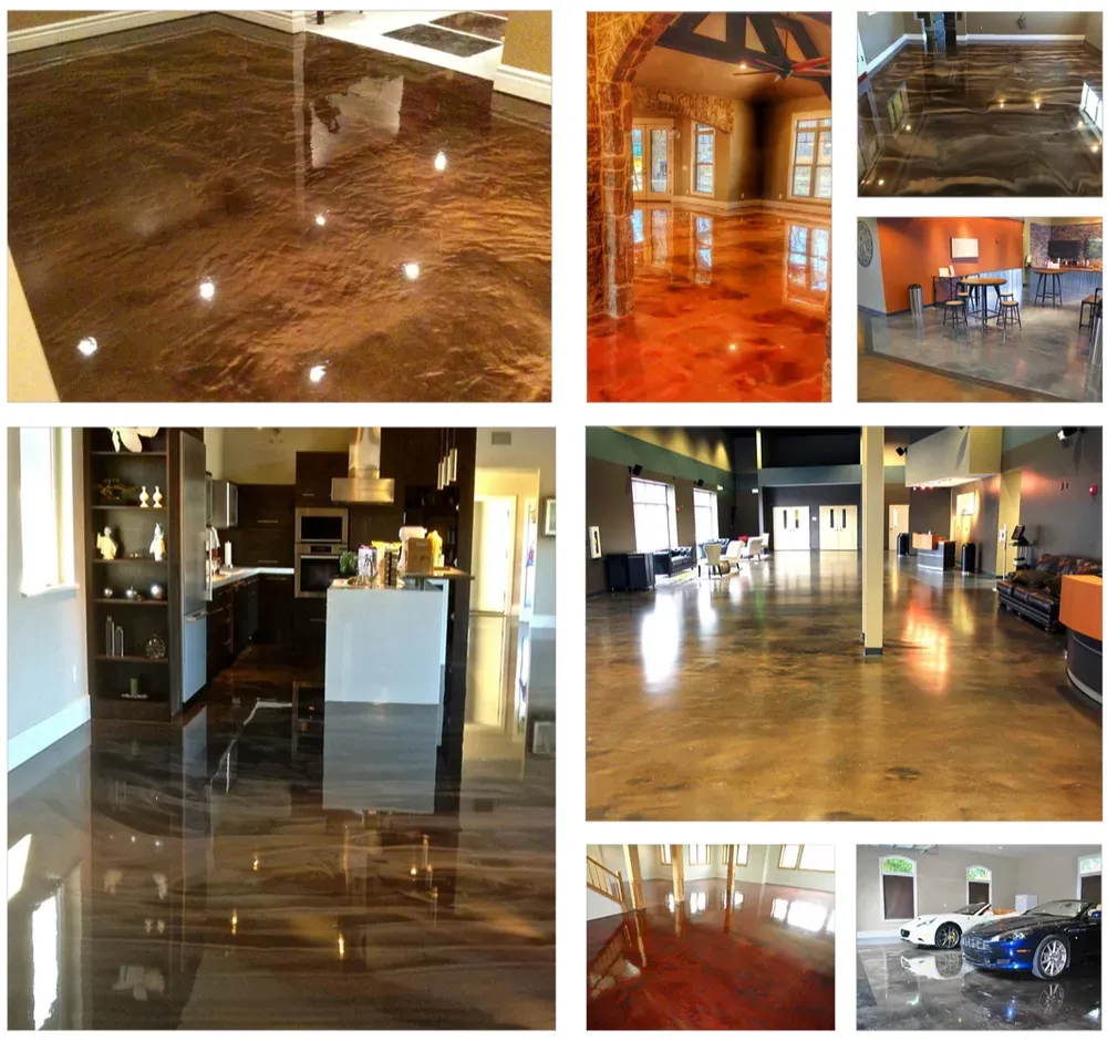 Collage of metallic epoxy floor finishes, showcasing various colors and sheens in residential and commercial settings.