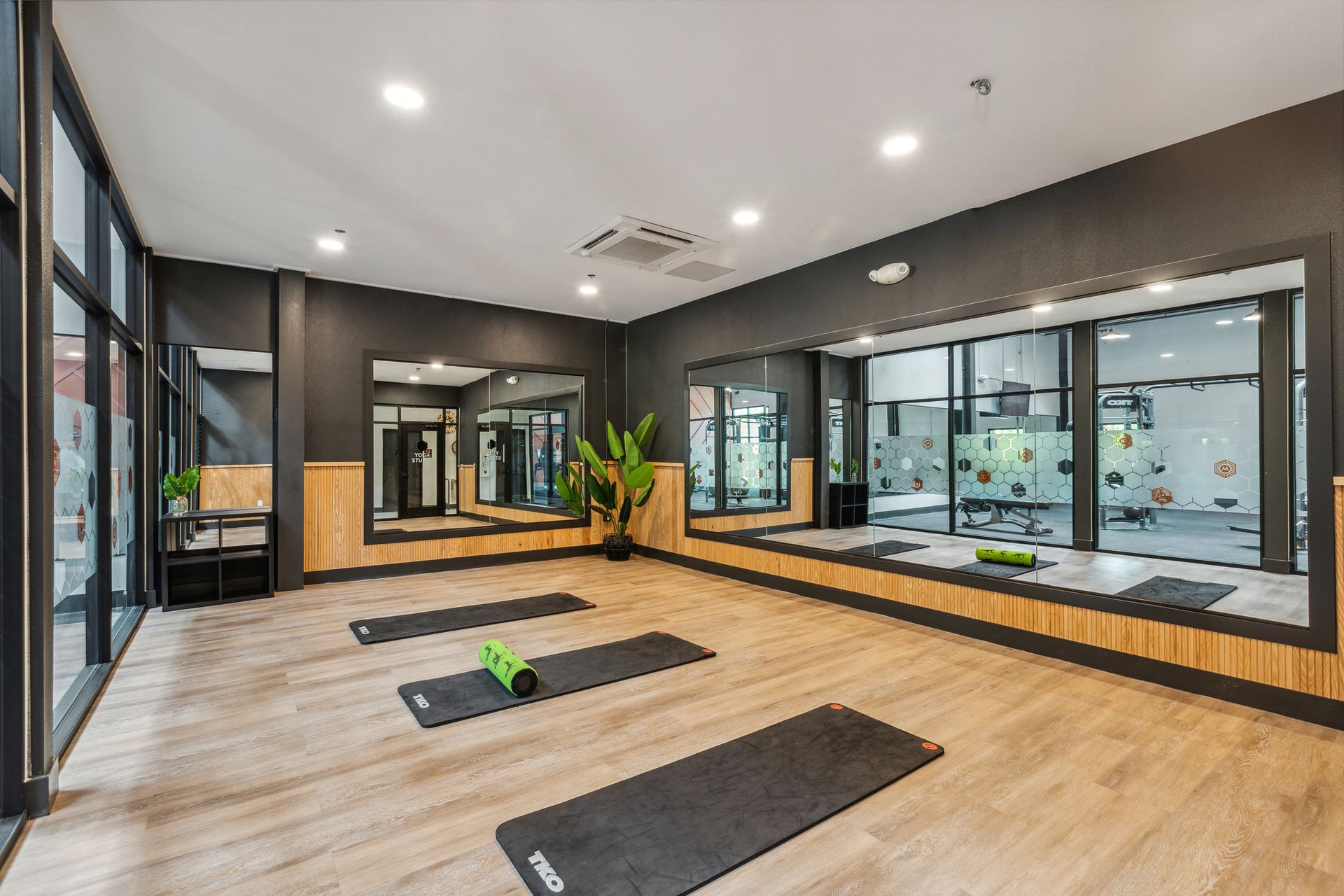 Fitness studio with exercise ball at Maven on Broadway.