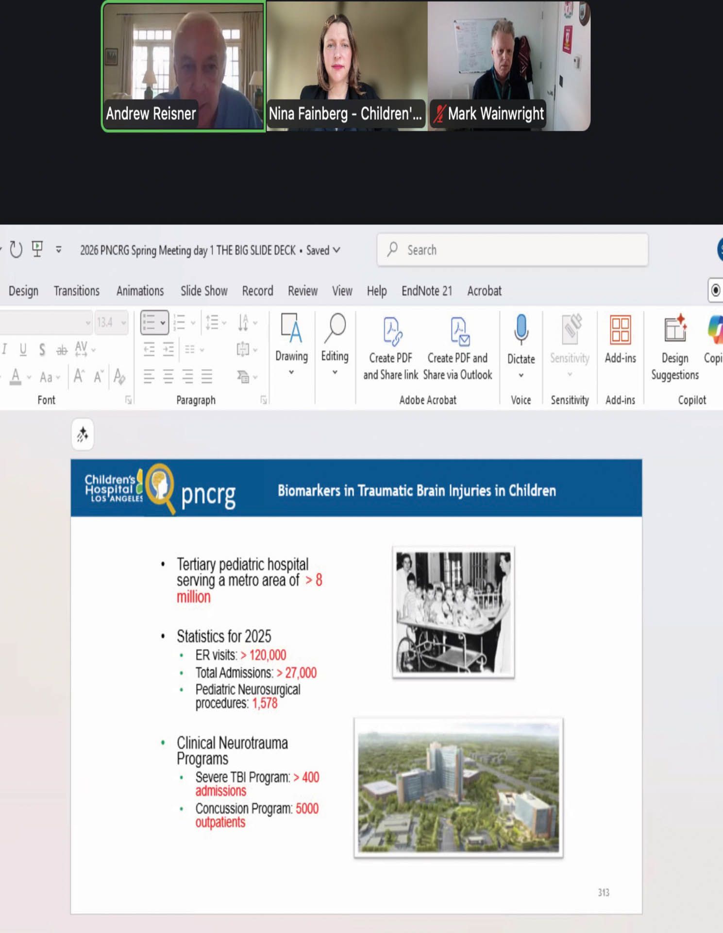 A Zoom call window shows three speakers above a presentation slide on traumatic brain injuries in children.