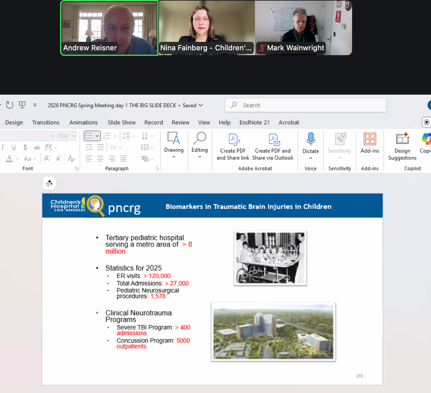 A Zoom call window shows three speakers above a presentation slide on traumatic brain injuries in children.