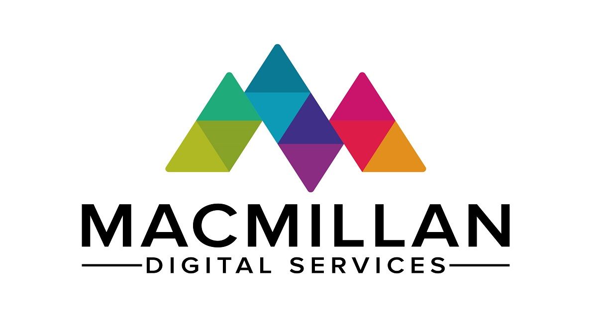 A colorful logo for macmillan digital services on a black background.
