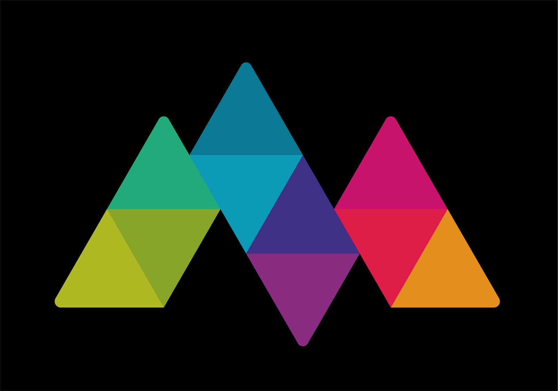 The letter m is made of colorful triangles on a black background.