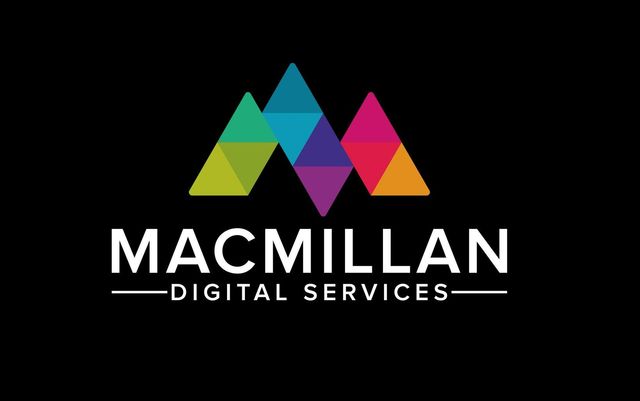 A colorful logo for macmillan digital services on a black background.