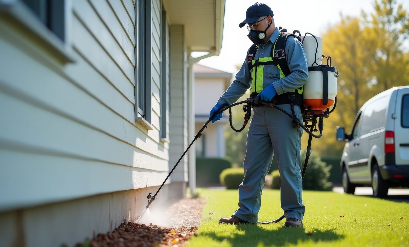 Pest control technician spraying a building's exterior with a metal tank sprayer.