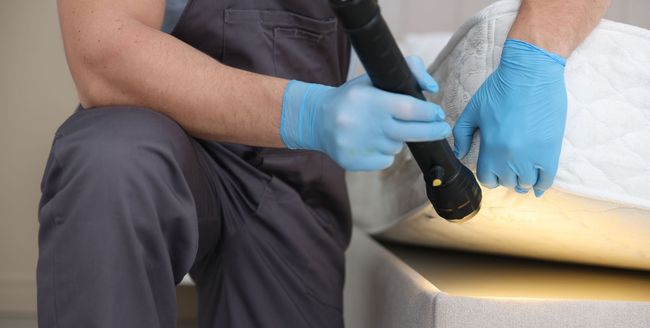 A person in gray coveralls and blue gloves inspects a mattress with a flashlight.