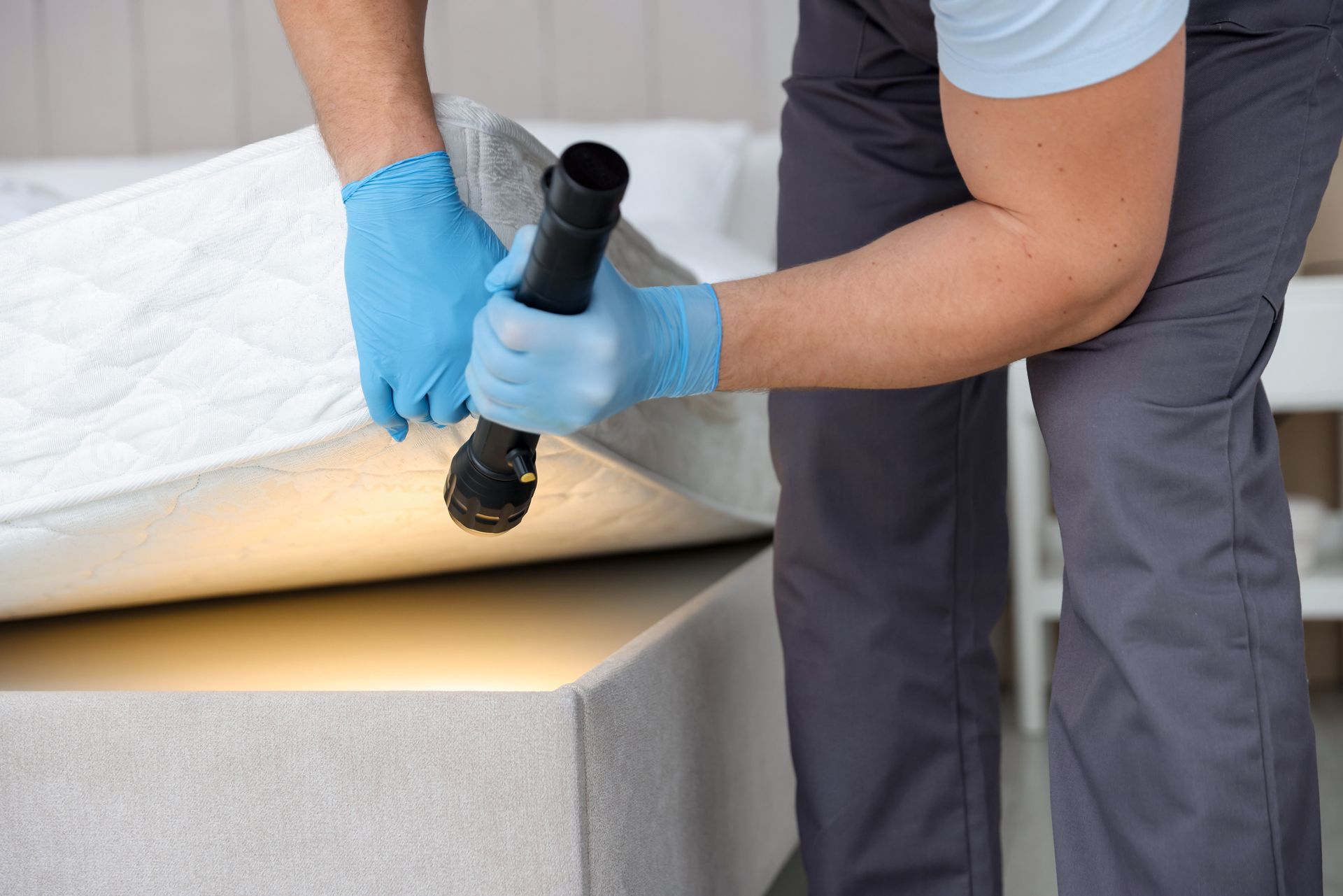A person in a uniform and blue gloves uses a flashlight to inspect the gap between a mattress and a bed frame.
