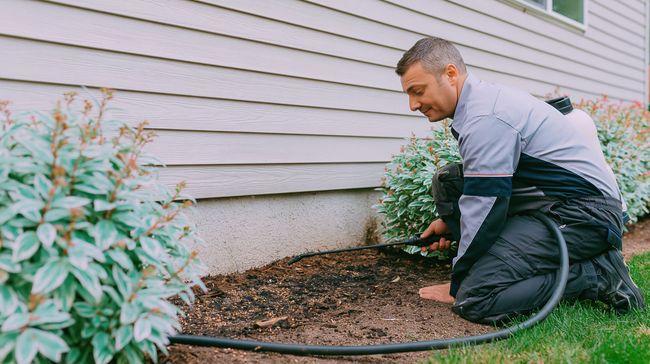 Residential house siding with copy space and man applying liquid treatment to soil for pest control services Residential house siding with copy space and man applying liquid treatment to soil for pest control services