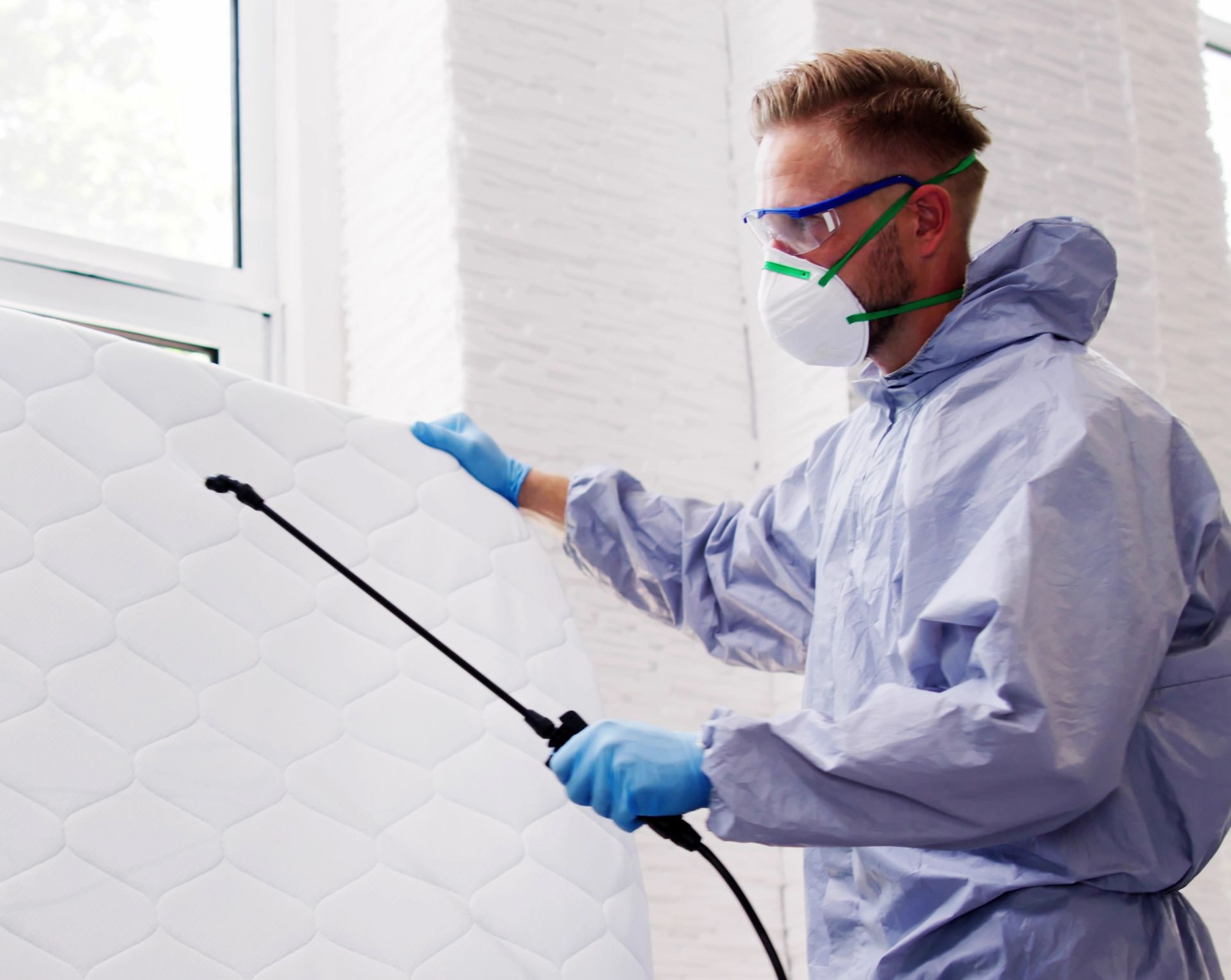 A person in protective gear and a face mask uses a sprayer to sanitize a mattress against a white wall.