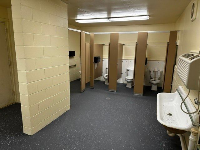 Empty public restroom with beige stalls, white sink, and blue carpeted floor.