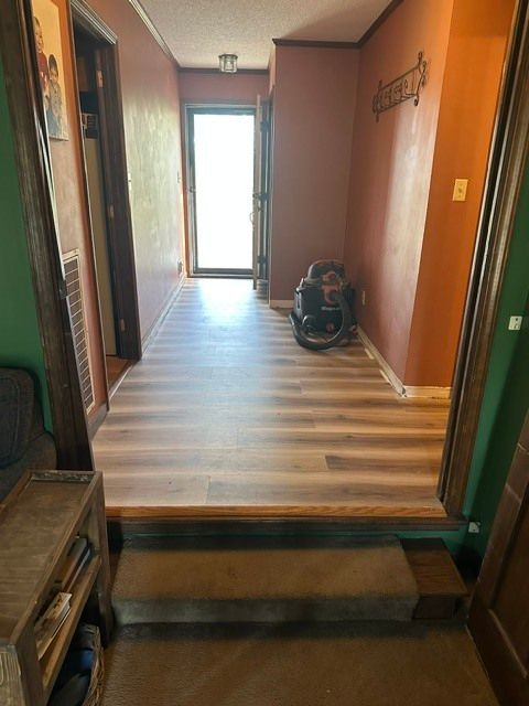 Hallway with wood-look floor, green and orange walls, doorway at end, and a vacuum cleaner on the right.