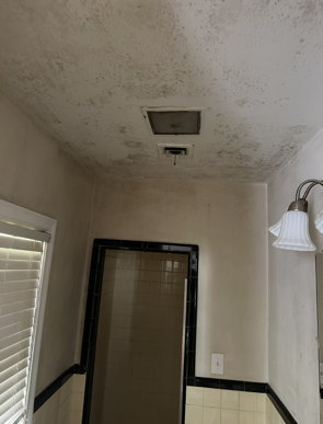 Hallway ceiling with dark water stains above a doorway and wall sconce lighting.