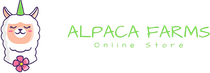 The logo for alpaca farms online store shows a llama with a unicorn horn and a flower in its mouth.