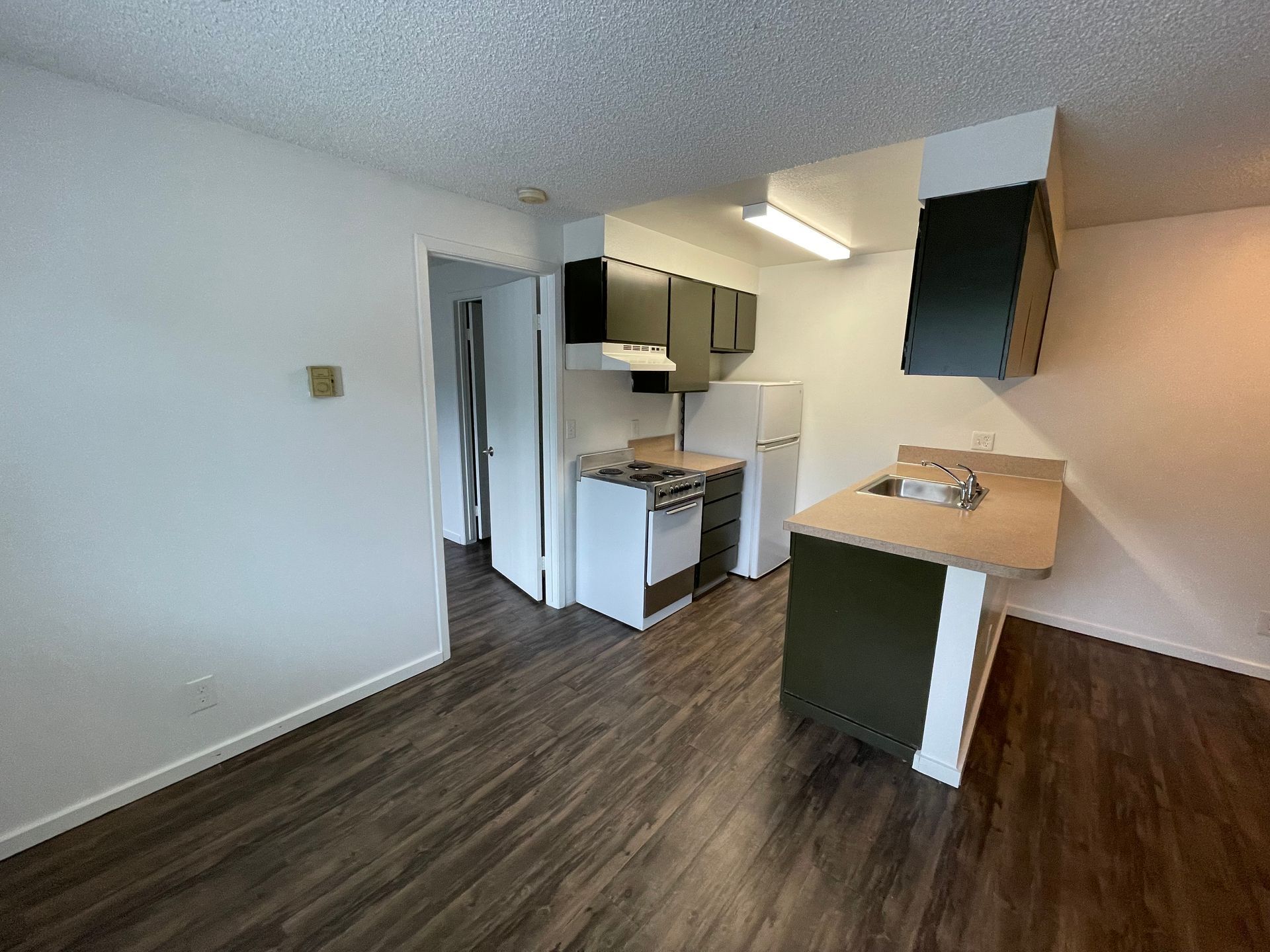 Kitchen with dark cabinets, white appliances, and a breakfast bar. Dark wood-look flooring.