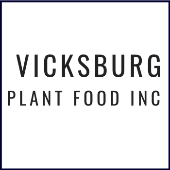 Vicksburg Plant Food Inc. logo: black text on a white background within a dark blue square.