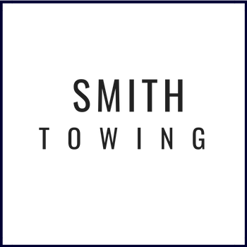Smith Towing logo in a square. Black text on white background: 