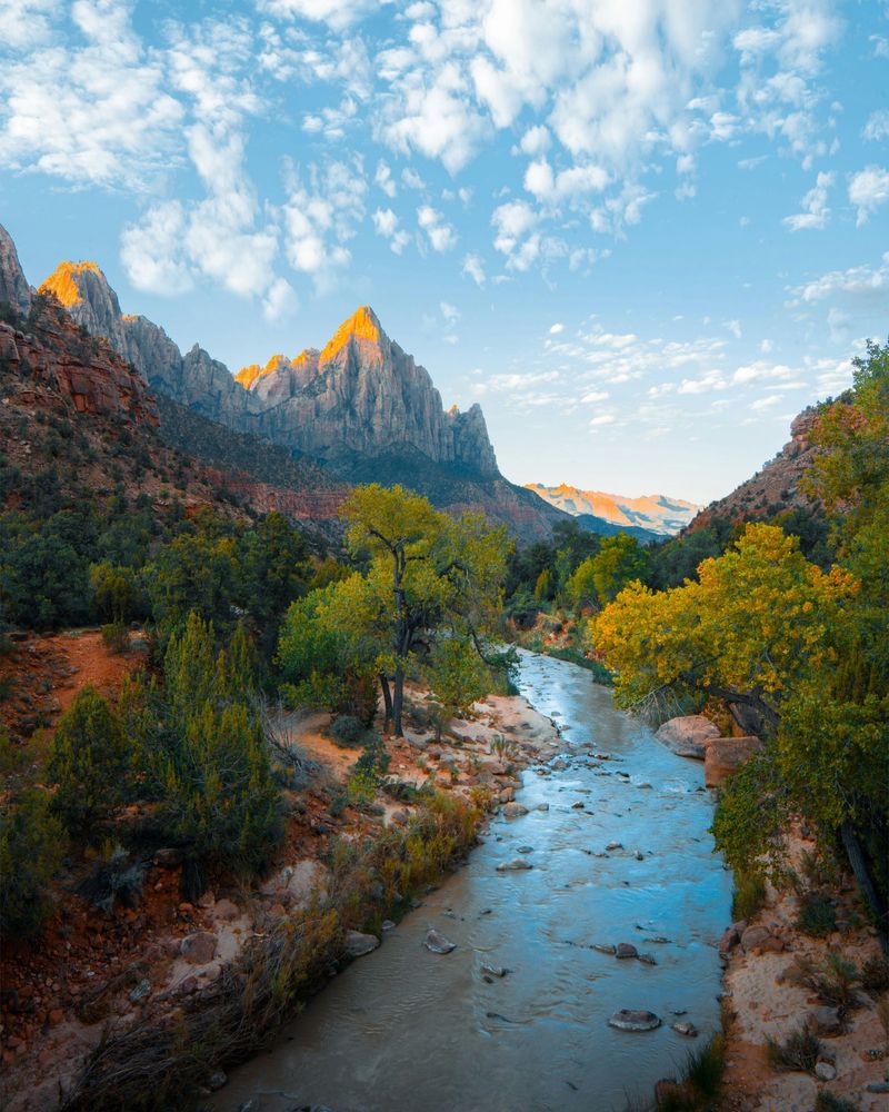 A river running through a valley surrounded by mountains and trees.