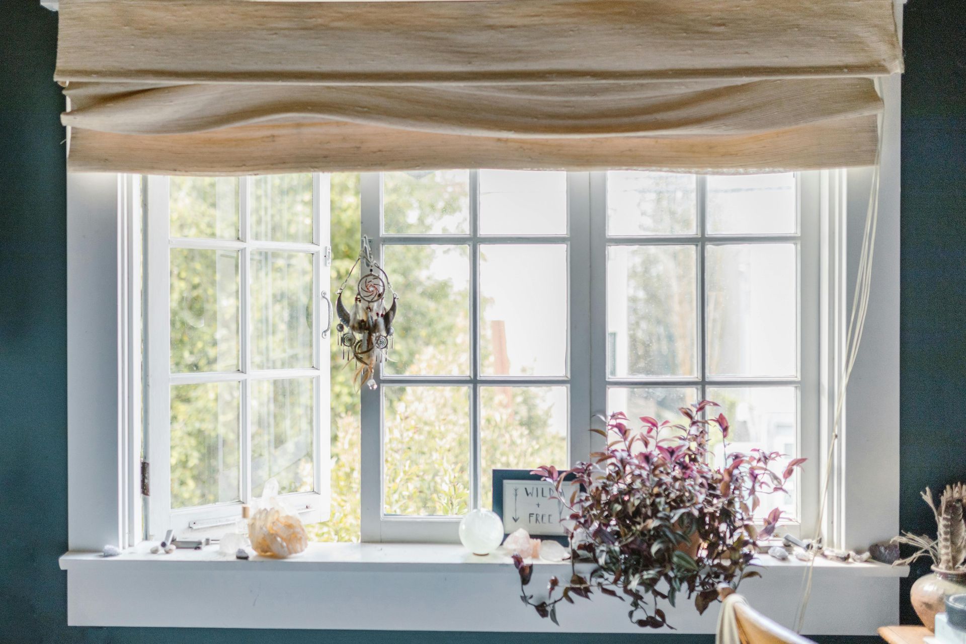 A window with a roman shade and a plant on the window sill.