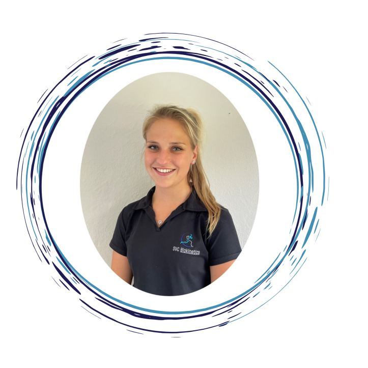 Blonde woman in a navy polo shirt, smiling, set inside a blue swirl design.