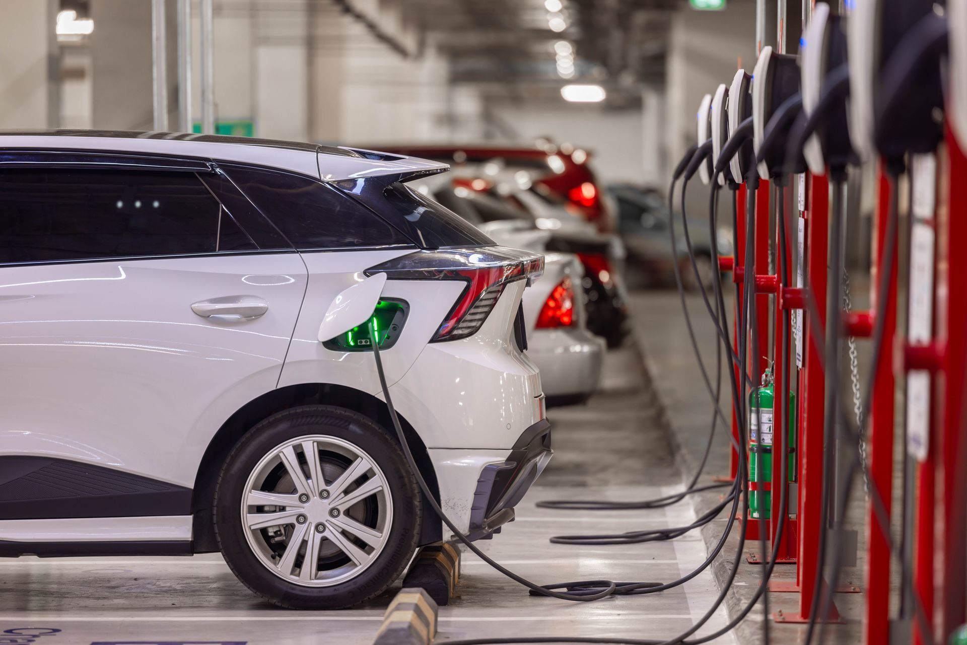 A row of electric cars are being charged at a charging station.