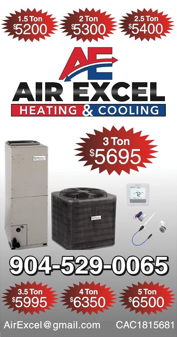 Air Excel HVAC ad: prices for various tonnage air conditioning units. Includes contact info and email.