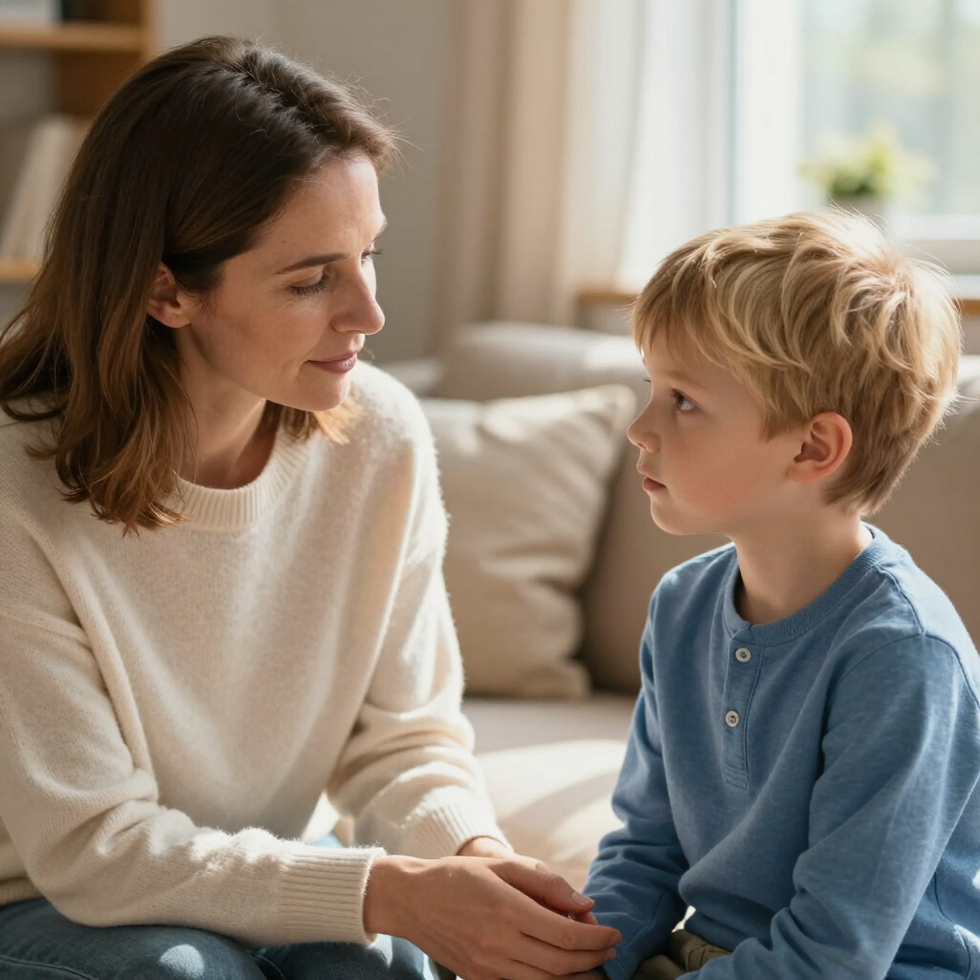 Una persona está sentada en un sofá, mirando con cariño a un niño que escucha atentamente.