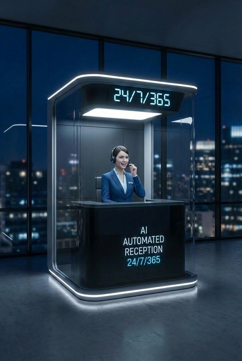 ai generated receptionist in a booth answering a call