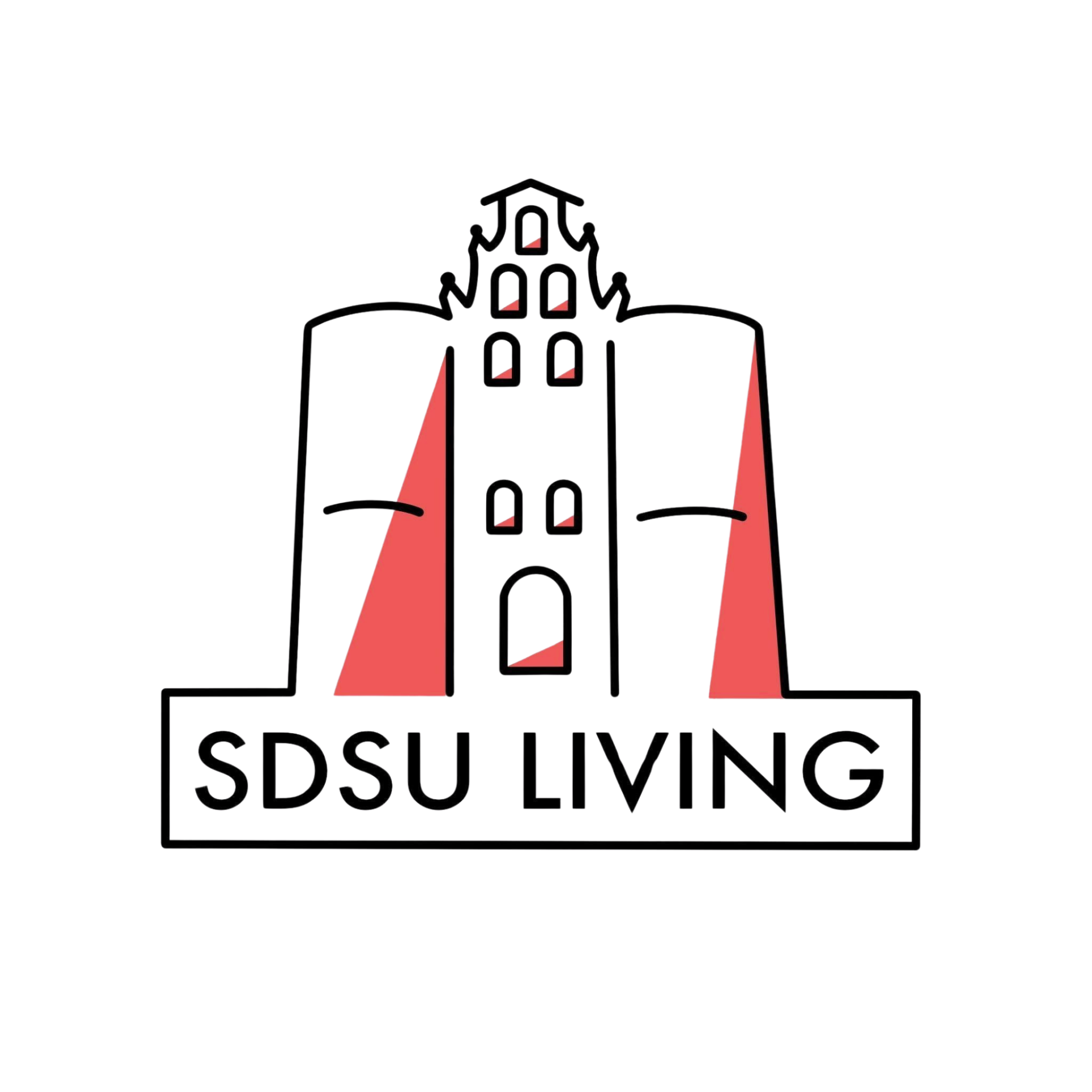 Logo for SDSU Living, featuring a white and red building outline with the text "SDSU LIVING" below.
