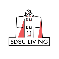 Logo for SDSU Living, featuring a white and red building outline with the text "SDSU LIVING" below.