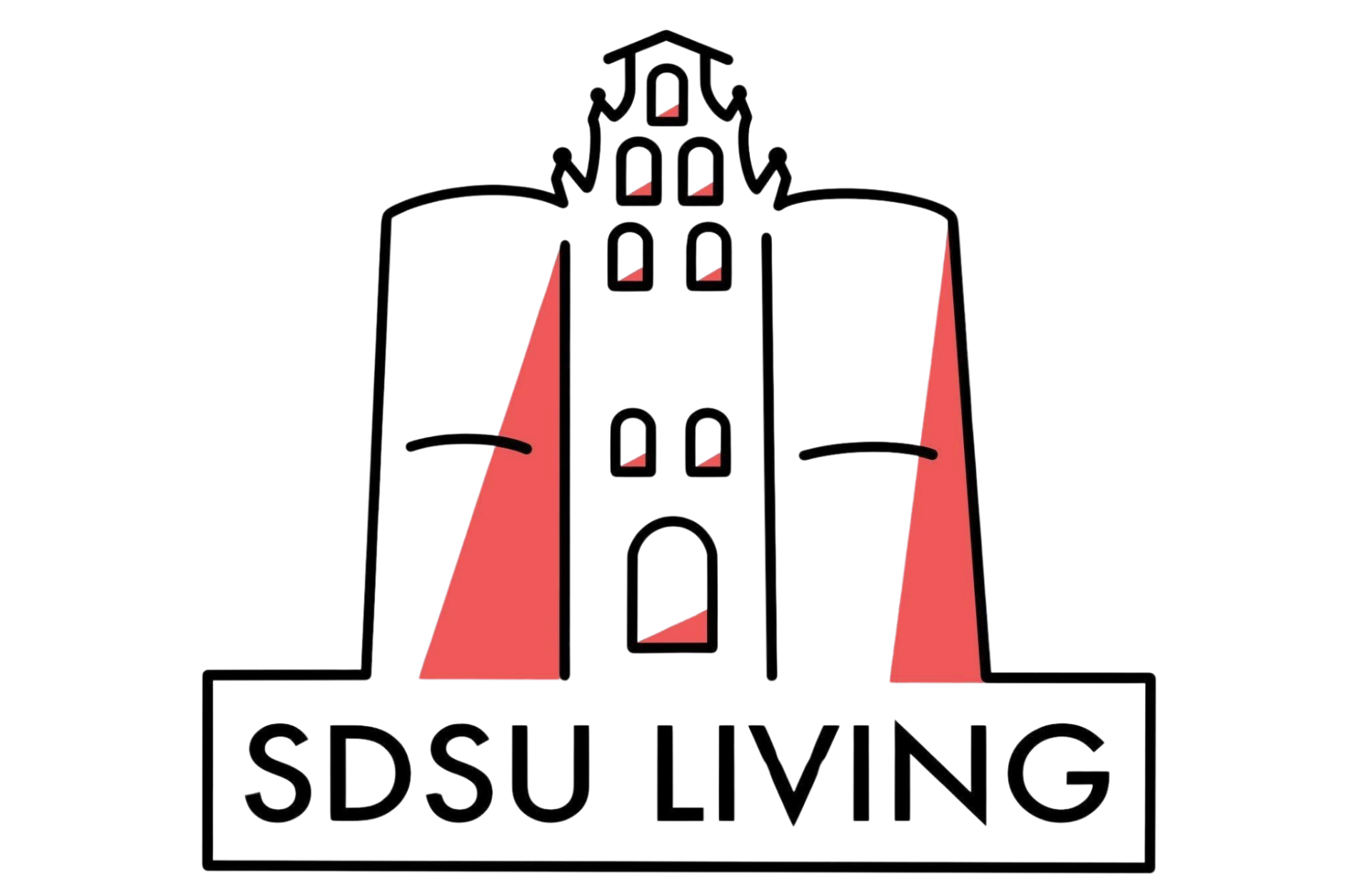 SDSU Living logo: white outline of a building with red stripes, text "SDSU LIVING" in a black rectangle.