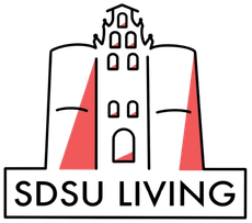 Logo for SDSU Living featuring a white outline of a building with red highlights and the text