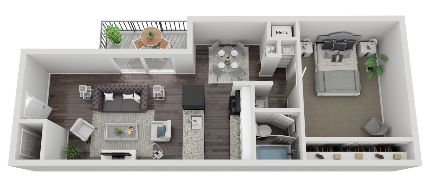 A 3d floor plan of a small apartment with a balcony.