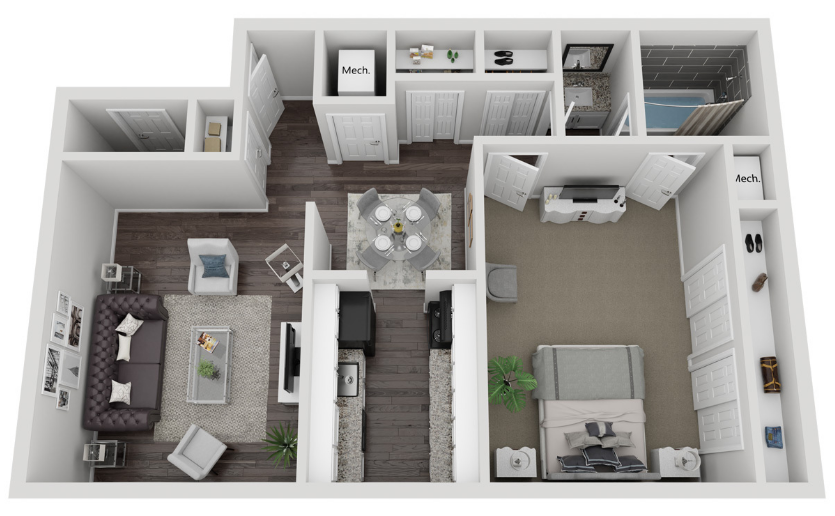 A 3d floor plan of a house with a living room , dining room , and bedroom.