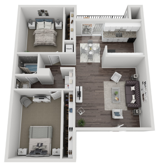 A 3d floor plan of a house with a bedroom , living room , and kitchen.