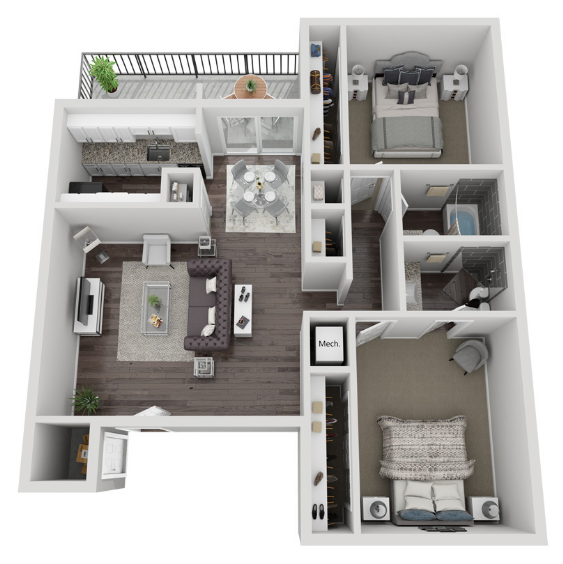 A 3d floor plan of a house with two bedrooms and a balcony.