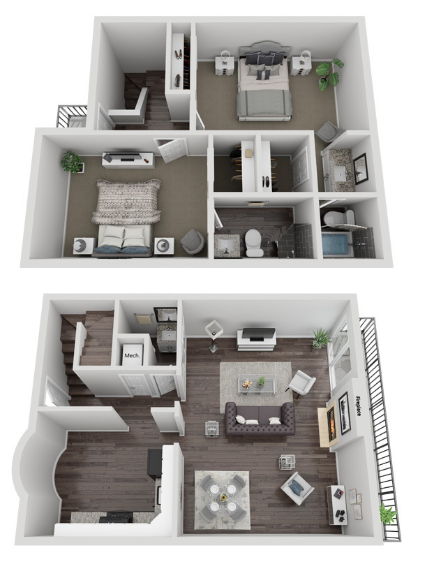 A 3d floor plan of a house with a bedroom , living room , and bathroom.