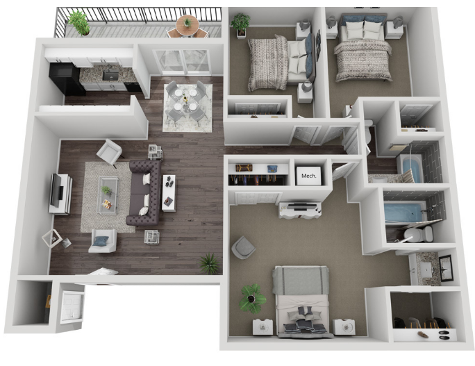 A 3d floor plan of a house with three bedrooms and a balcony.