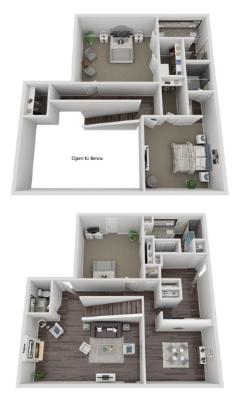 A 3d floor plan of a house with two bedrooms and a balcony.