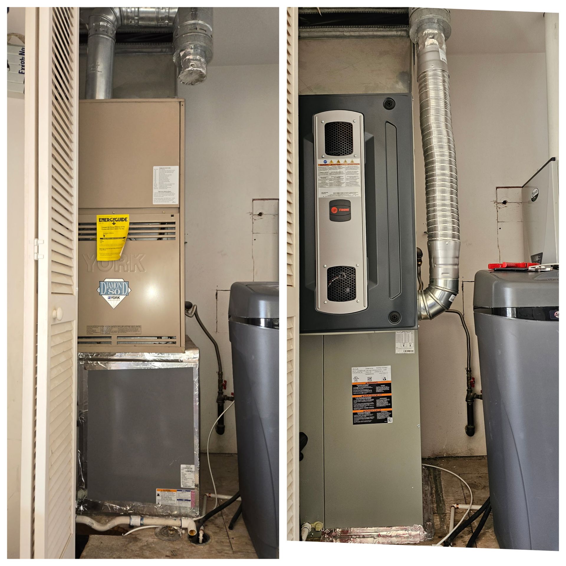 Two views of an HVAC system in a utility closet, next to a water softener.