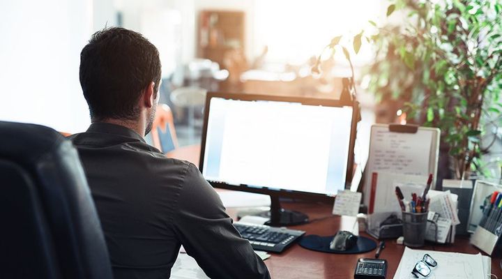 Person seated at a desk using a desktop computer in a bright office, with sunlight and a plant nearby.