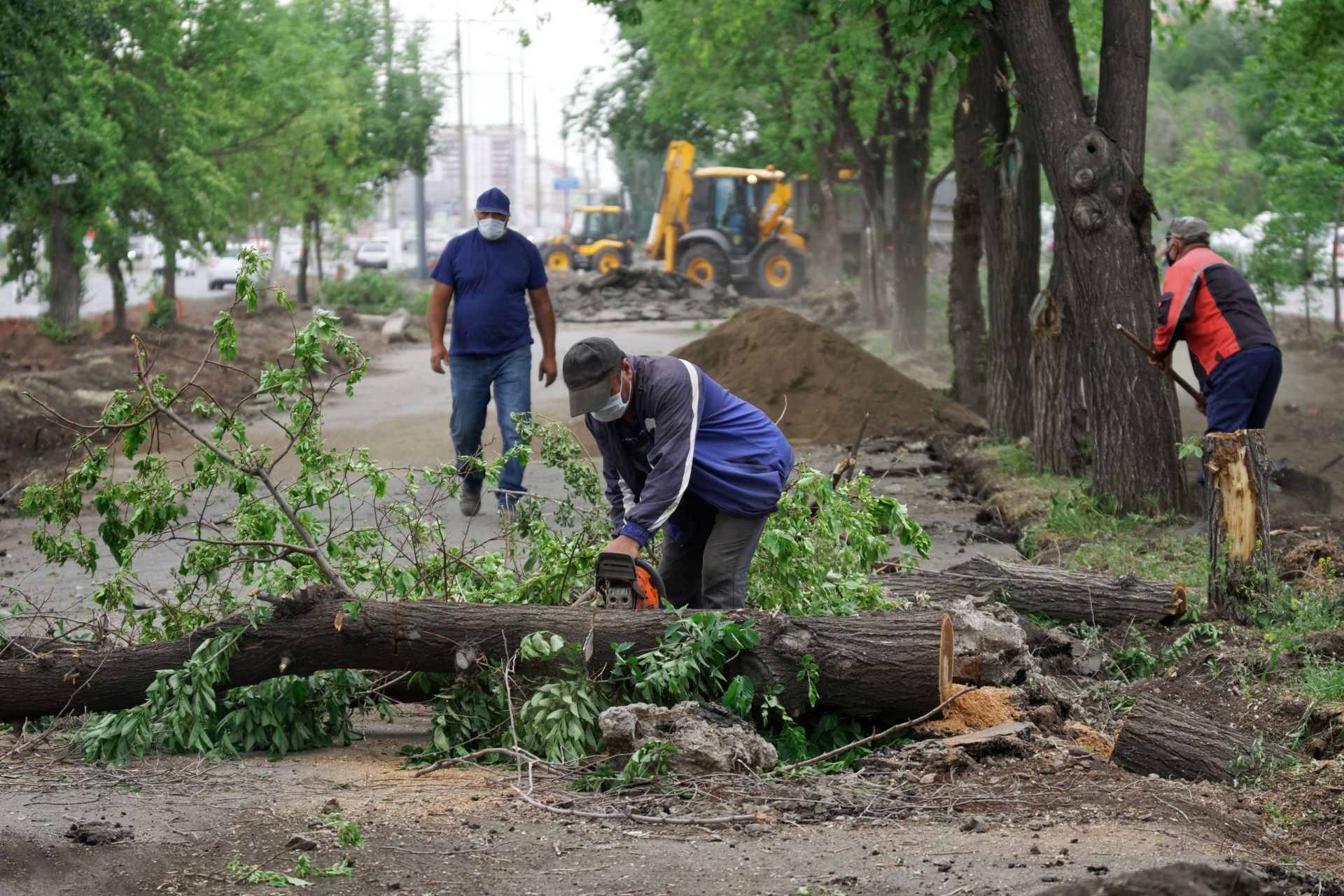 Workers clearing fallen trees on a muddy, tree-lined road, with a backhoe in the background.