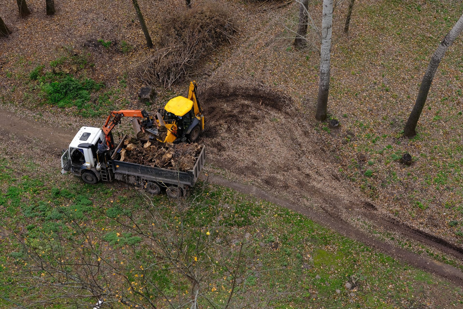 White truck and yellow excavator clearing a muddy forest path among bare trees