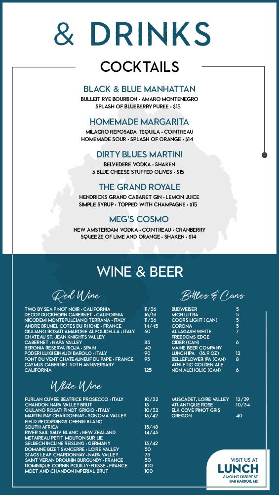 A menu for drinks and cocktails including wine and beer