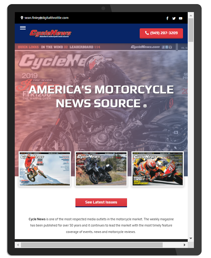 a tablet is open to a page that says `` america 's motorcycle news source '' .