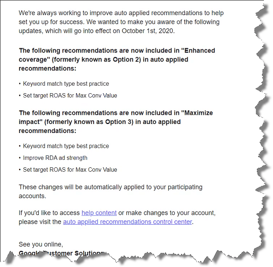 example of google email regarding auto applied recommendations